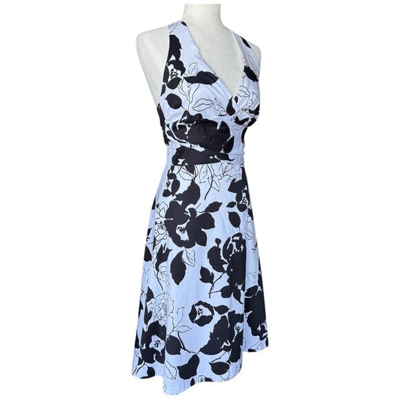 White House Black Market White Black Floral Cotton Halter Cocktail Dress Size 0 - Picture 2 of 8